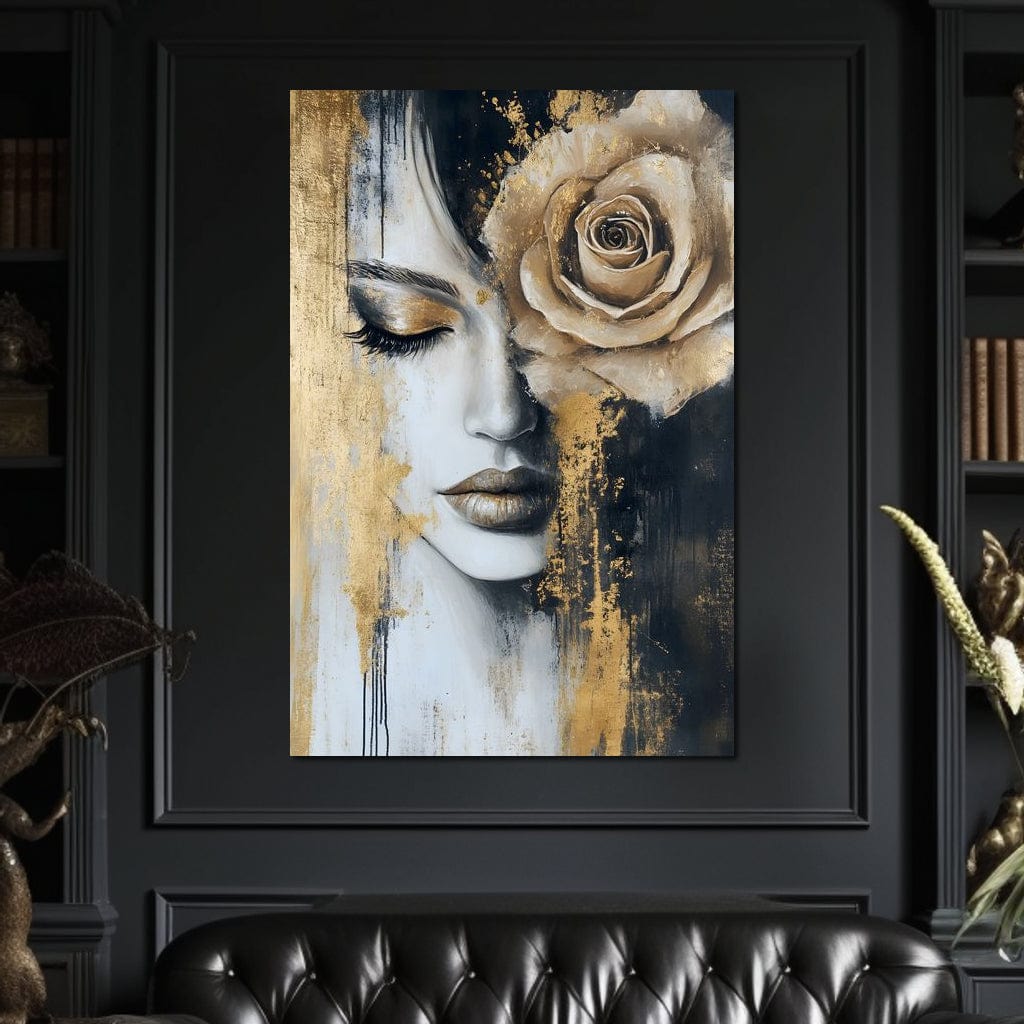 Tablou Canvas Premium, LuxCanva® G1207, Regina muta, Gold, Trandafir, Delicatete, Portret, Fragilitate, Chip, Petale, Umbra, Alchimie, Divin, Taina, Inger, Ochi, Suflet, Salon, Birou, Living, Dormitor