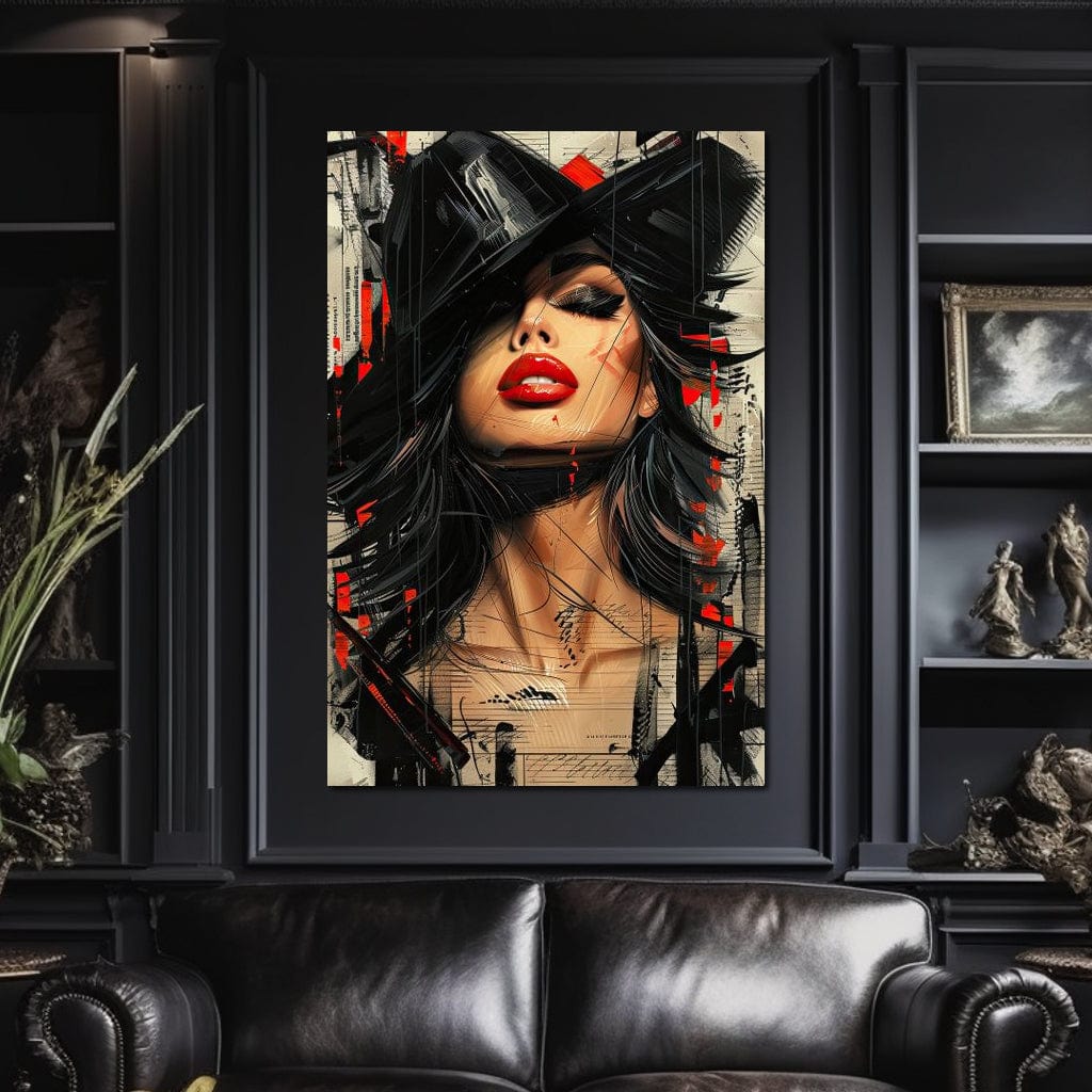 Tablou Canvas Premium, LuxCanva® G1101, Privirea de Catifea, Red, Lips, Privire, Pasiune, Negru, Eleganta, Glam, Palarie, Accesoriu, Living, Dormitor