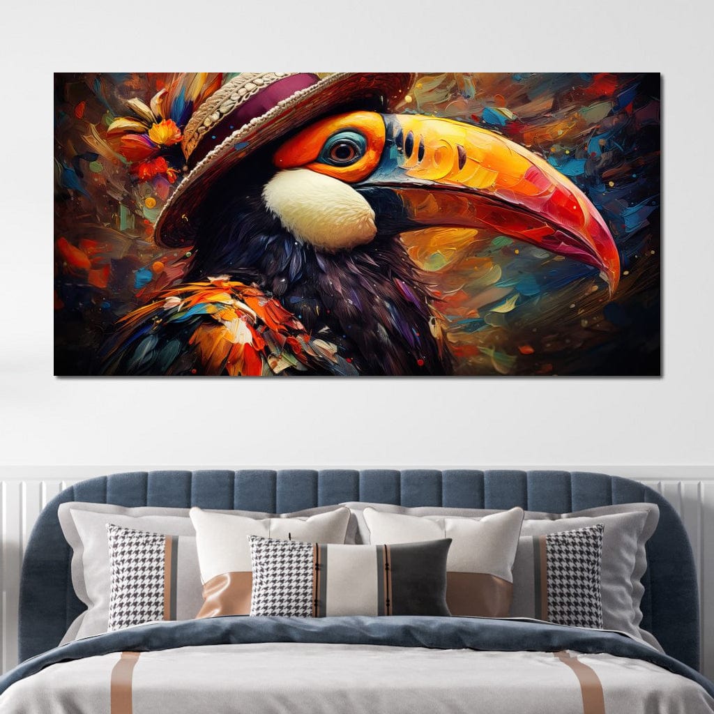 tablou canvas cu un tucan colorat cu palarie, pe fundal abstract vibrant