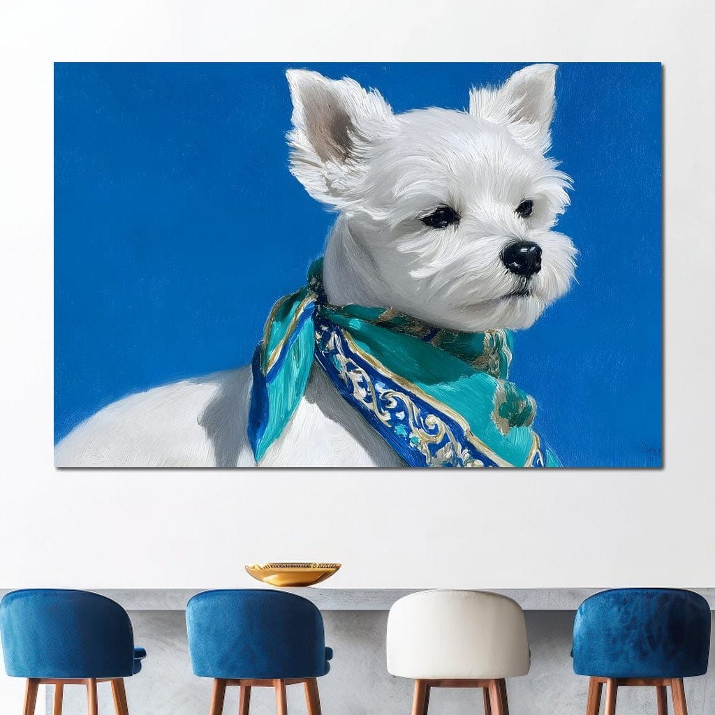 tablou canvas cu un caine alb cu esarfa turcoaz eleganta, surprins din profil pe fundal albastru deschis