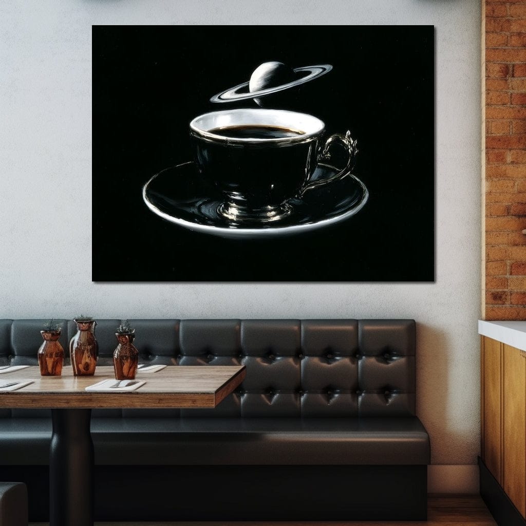 tablou canvas cu o ceasca de cafea neagra in stil vintage, pe fundal negru cu planeta Saturn