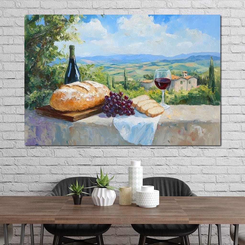 tablou canvas cu un peisaj rustic, cu paine, struguri, o sticla de vin rosu si un pahar pe o masa traditionala