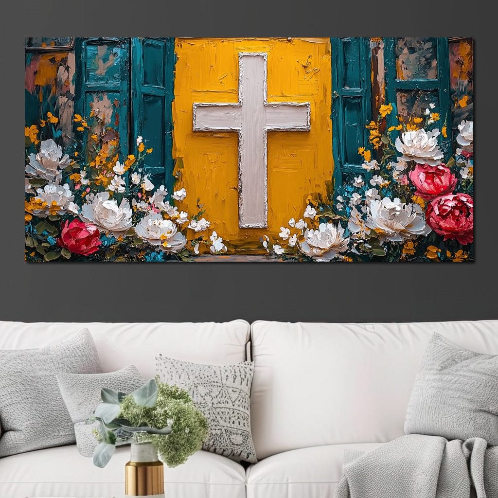 Tablou Canvas Premium LuxCanva® H1057, Evlavie Florala, Credinta, Cruce, Flori, Gradina, Lumina, Rasarit, Speranta, Puritate, Spiritualitate, Simbol Sacru, Living, Dormitor