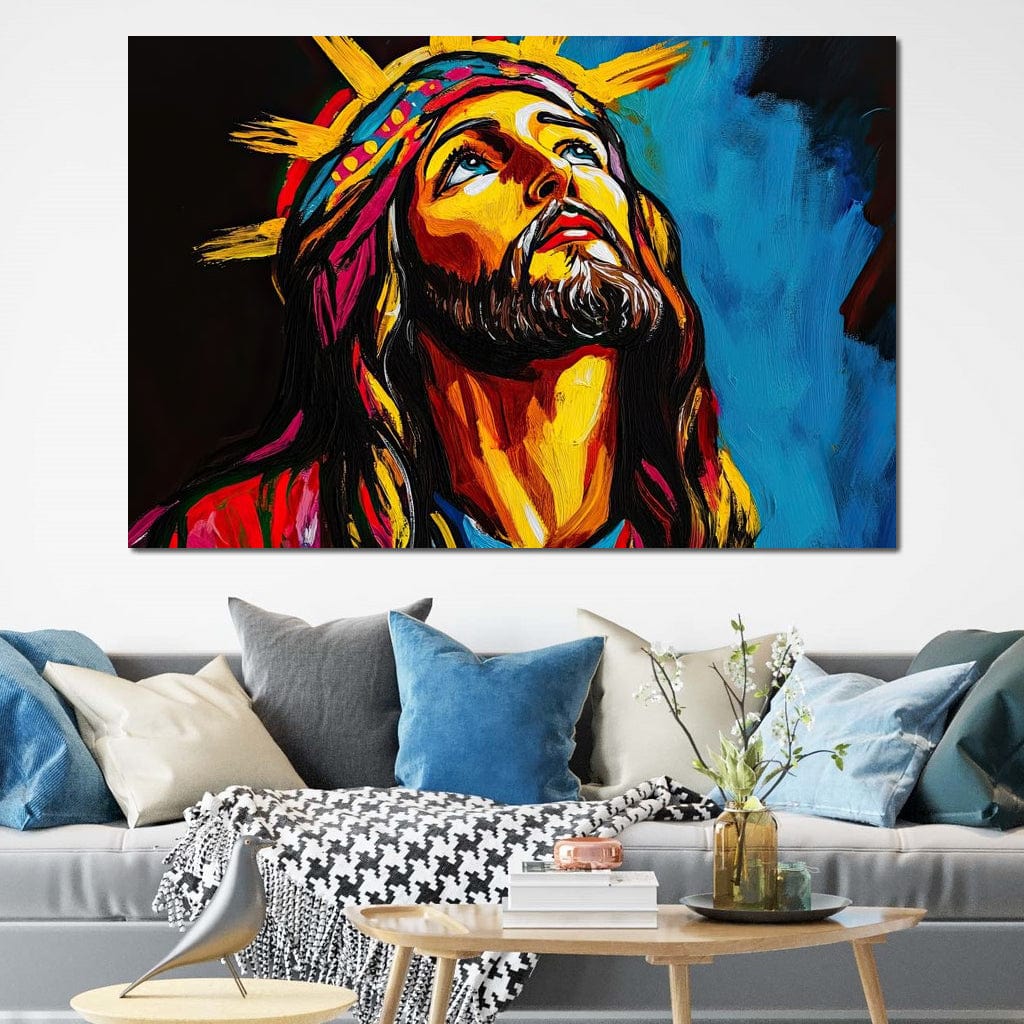 Tablou Canvas Premium LuxCanva® H1052, Privire catre Cer, Iisus, Contemplare, Pace Interioara, Coroana de Spini, Cer, Chip, Arta Religioasa Moderna, Living, Dormitor