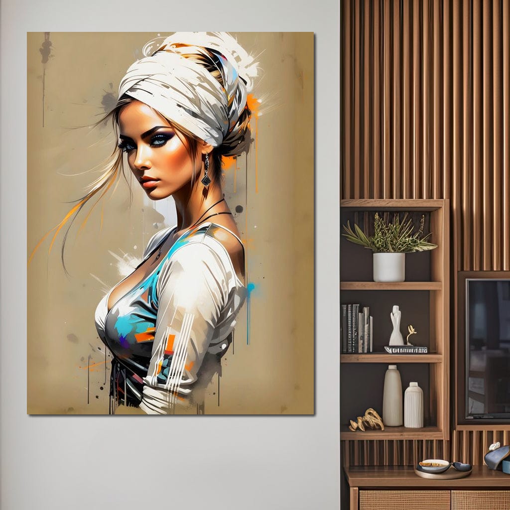 Tablou Canvas Premium LuxCanva® G1011, Regina Desertului , Libertate, Atemporal, Privire, Nisip, Turban, Alb, Living, Dormitor, Culori vibrante