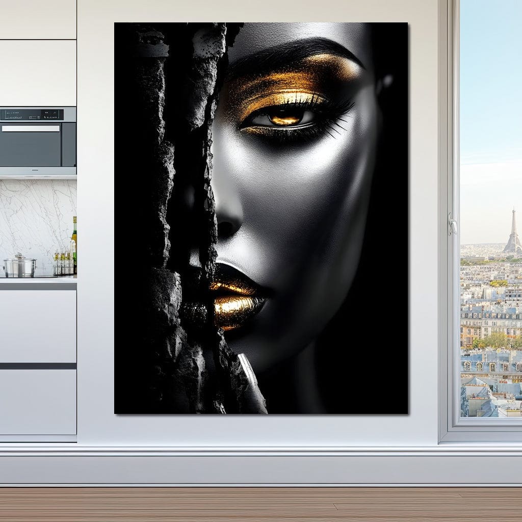 Tablou Canvas Premium, LuxCanva® G1172, Femeia din Abis, Aur, Umbra, Intunecat, Zeitate, Regina, Obscur, Alchimie, Suflet, Ochi, Masca, Tacere, Divinitate, Fashion, Arta, Birou, Living, Dormitor