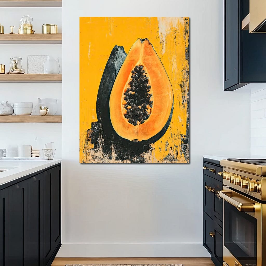 tablou canvas cu un papaya taiat in jumatati si pictat in nuante calde pe fundal galben-portocaliu in stil urban