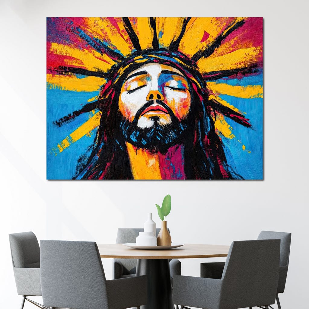 Tablou Canvas Premium LuxCanva® H1062, Sacrificiu Etern, Iisus, Contemplare, Pace Interioara, Coroana de Spini, Cer, Chip, Arta Religioasa Moderna, Living, Dormitor