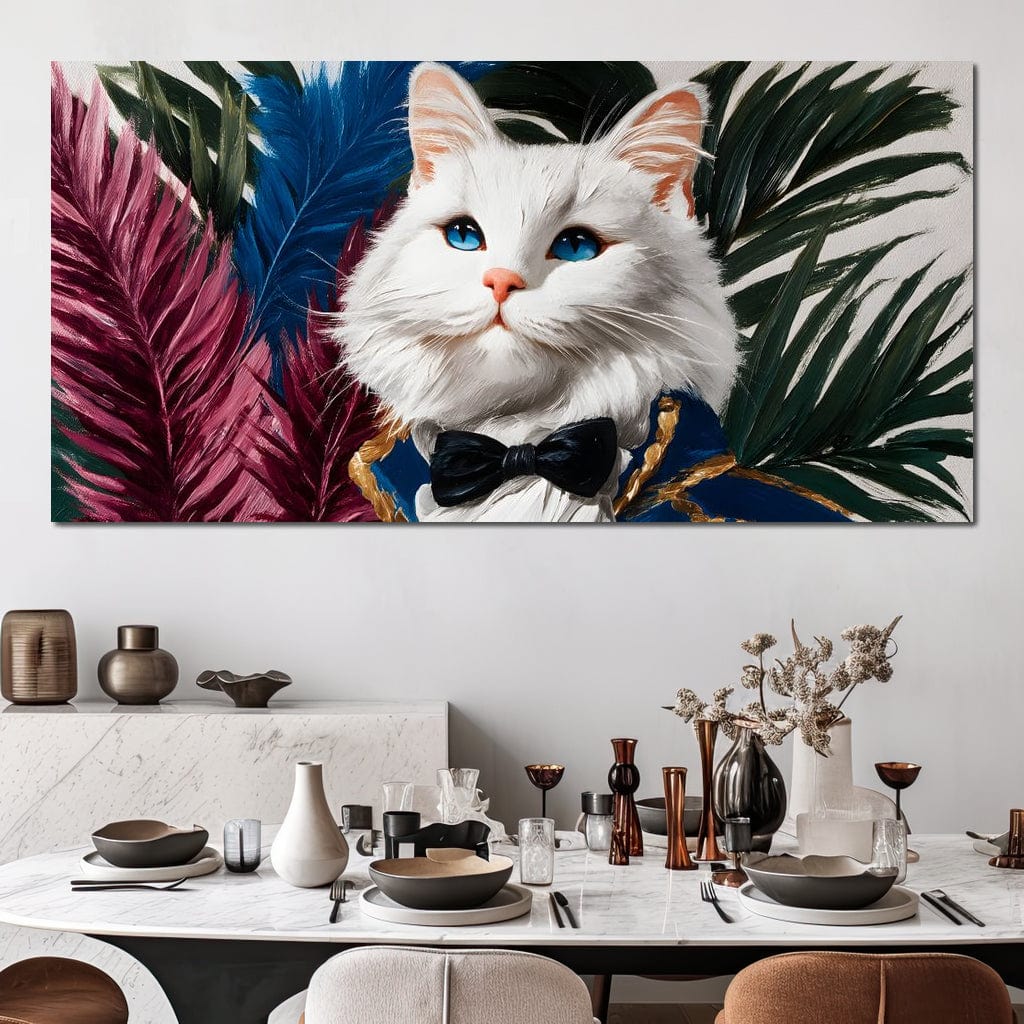 tablou canvas cu o pisica alba, in costum elegant cu papion negru, pe fundal cu frunze albastre, rosii si verzi