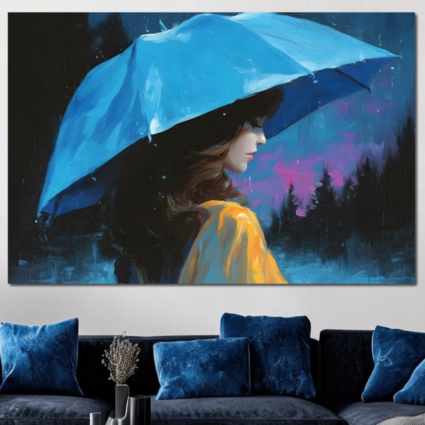 Tablou Canvas Premium, LuxCanva® G1223, Melodia Ploii, Cer, Violet, Umbrela, Albastru, Oda, Singuratate, Lacrimi, Eleganta, Padure, Haina, Galben, Introspectie, Romantism, Salon, Birou, Living, Dormitor