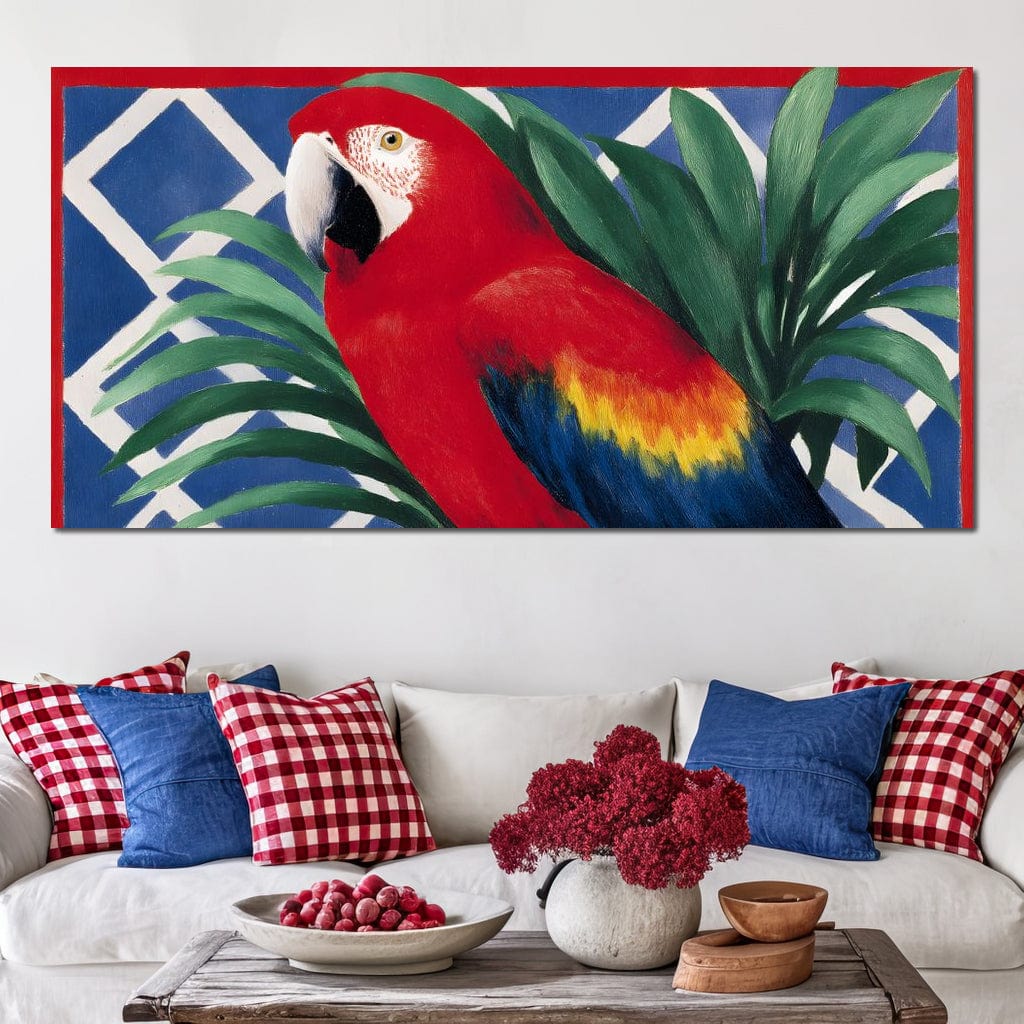 tablou canvas cu un papagal exotic rosu inconjurat de frunze verzi tropicale, pe fundal geometric albastru