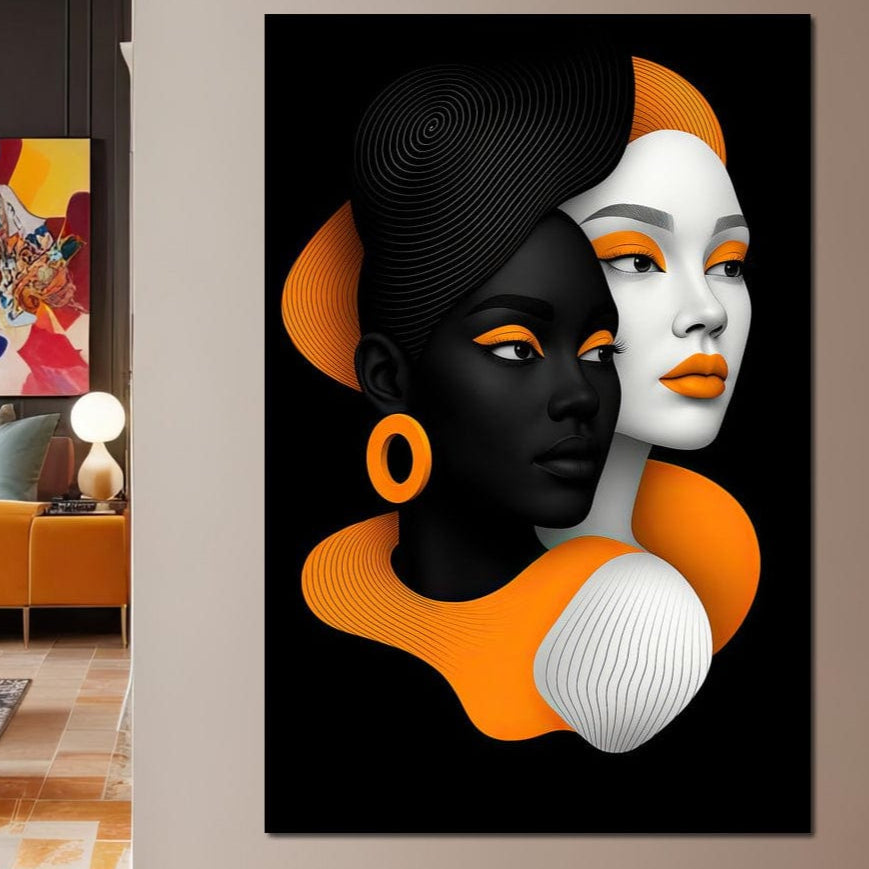 Tablou Canvas Premium, LuxCanva® G1213, Unirea Lumilor, Fete, Suflete, Alb, Negru, Portocaliu, Fusion, Simetrie, Portret, Diversitate, Poem, Umbra, Oglinda, Polaritate, Salon, Birou, Living, Dormitor