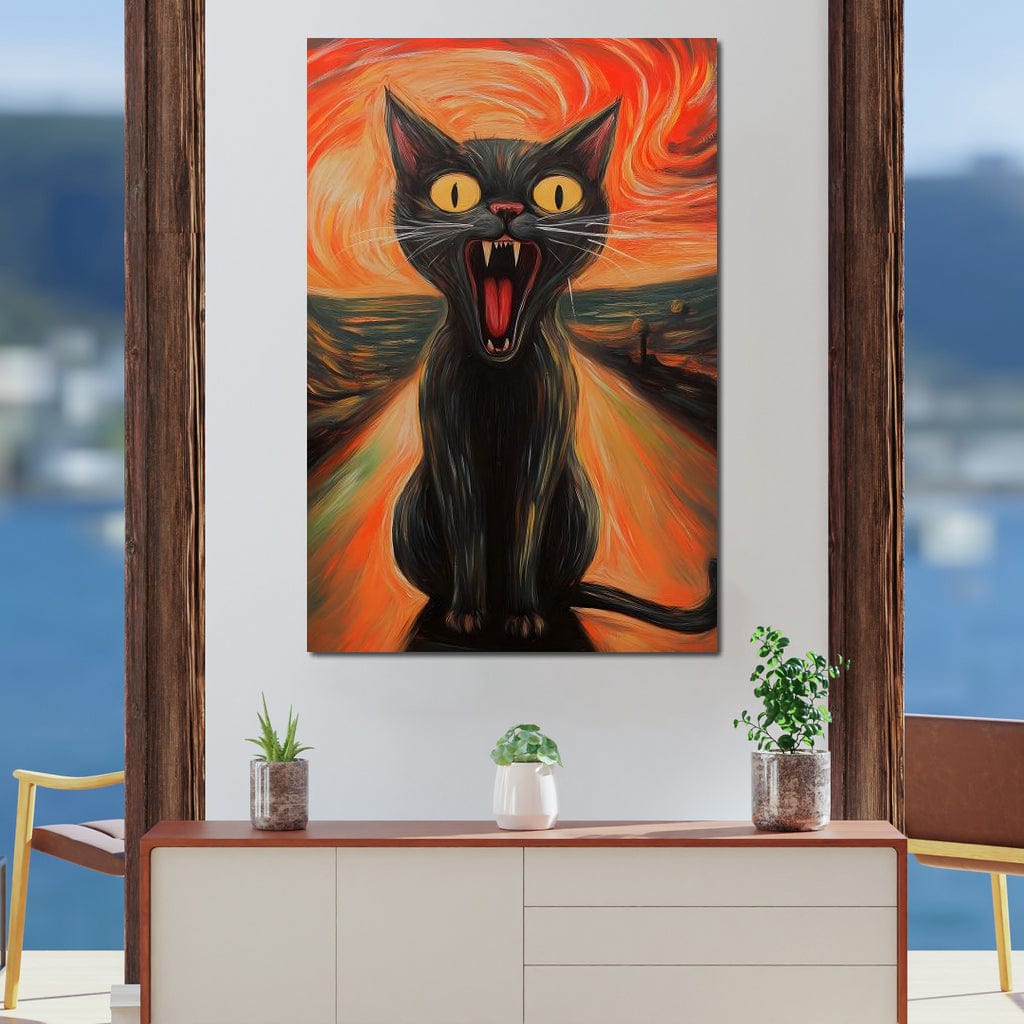 tablou canvas cu o pisica neagra speriata, pe fundal specific expresionismului, pictat in nuante calde 