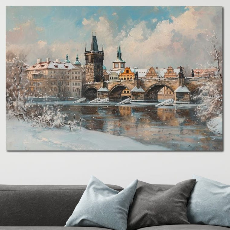 Tablou Canvas Premium, LuxCanva® O1044, Podul Carol in Zapada, Praga, Iarna, Magie, Ceh, Poveste, Farmec, Medieval, Cladire, Istorie, Capitala, Turn, Gotic, Armonie, Frumos, Birou, Living, Dormitor