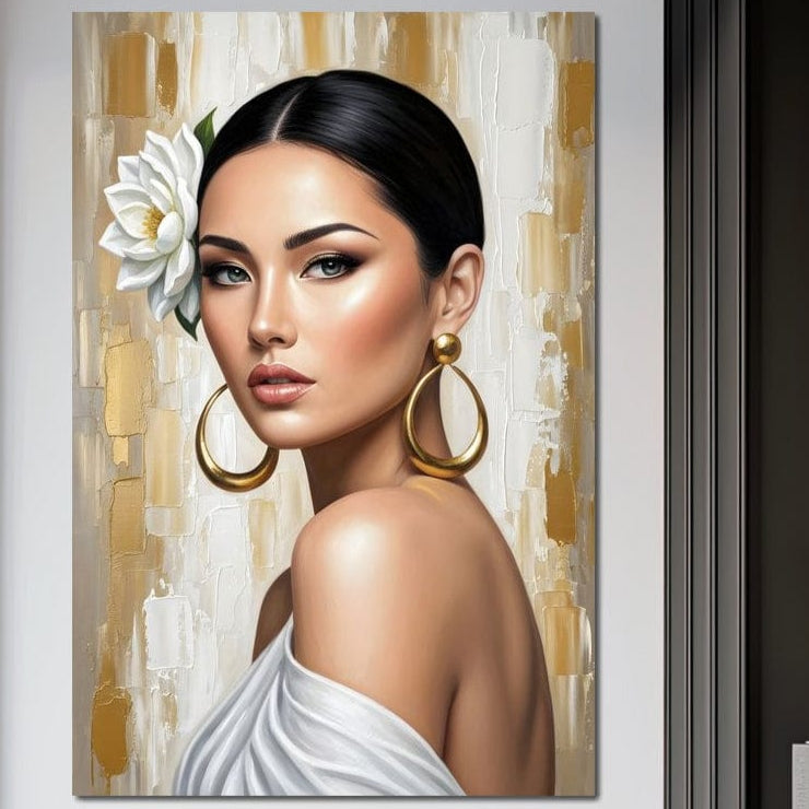 Tablou Canvas Premium, LuxCanva® G1157, Femeia cu Cercei de Aur, Feminitate, Eleganta, Floare, Alba, Auriu, Privire, Catifelat, Latina, Iasomie, Bijuterii, Atemporal, Birou, Living, Dormitor