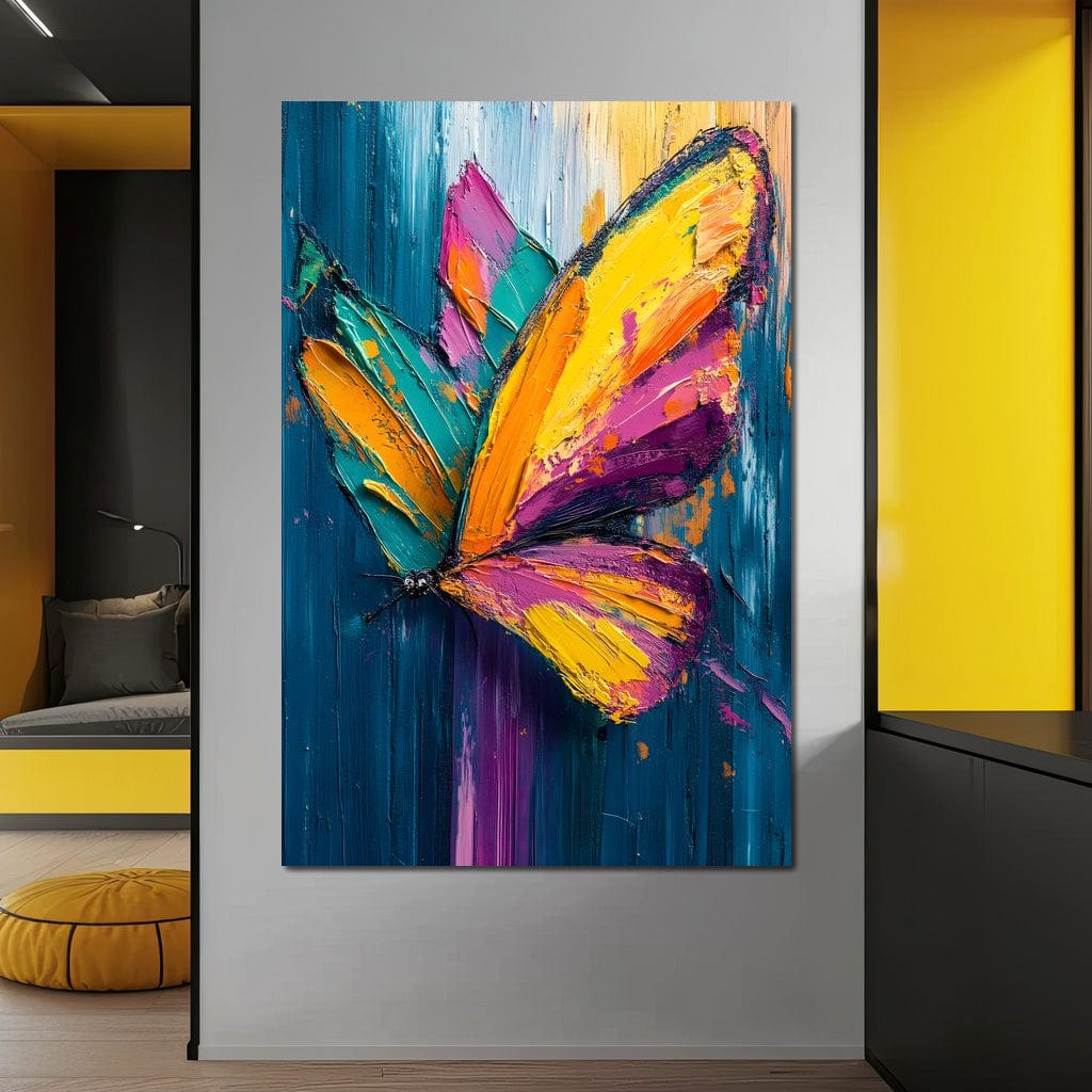 tablou canvas cu un fluture multicolor, pe fundal abstract pictat in vopsea groasa