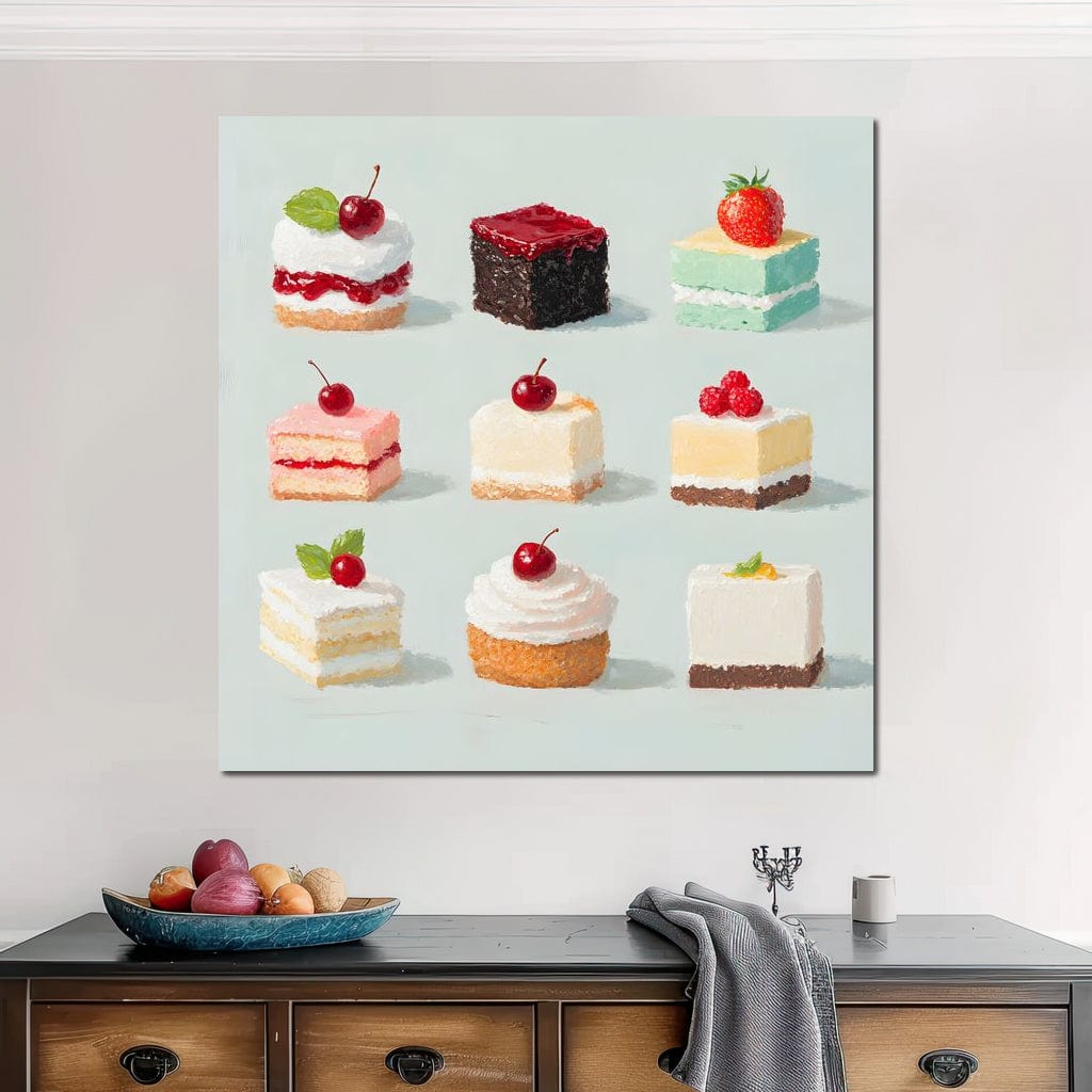 tablou canvas cu multe prajituri, ornate cu frisca si fructe rosii, pe un fundal albastru pastelat