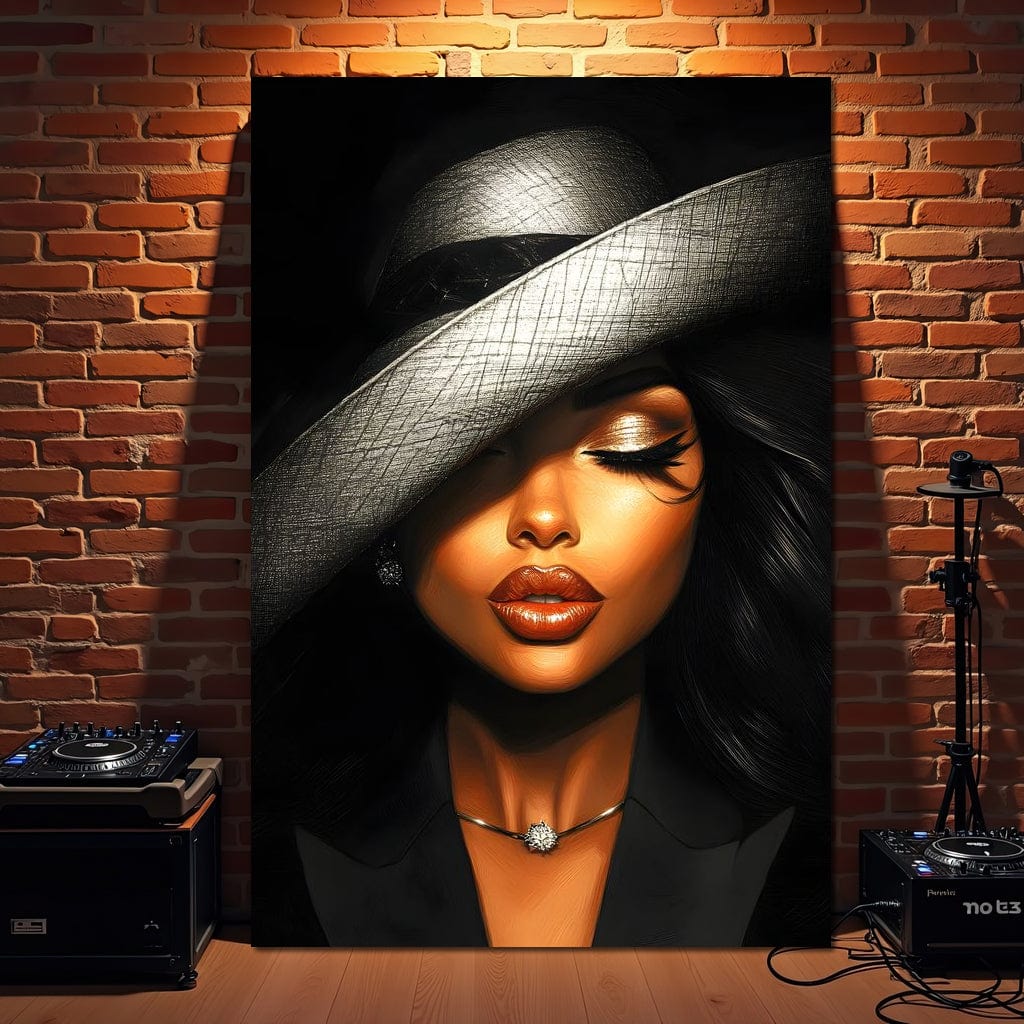 Tablou Canvas Premium, LuxCanva® G1181, Doamna cu Palarie de Argint, Lemn, Eleganta, Glamour, Enigmatica, Noblete, Editorial, Tacere, Arta, Fashion, Sarm, Icon, Chip, Birou, Living, Dormitor