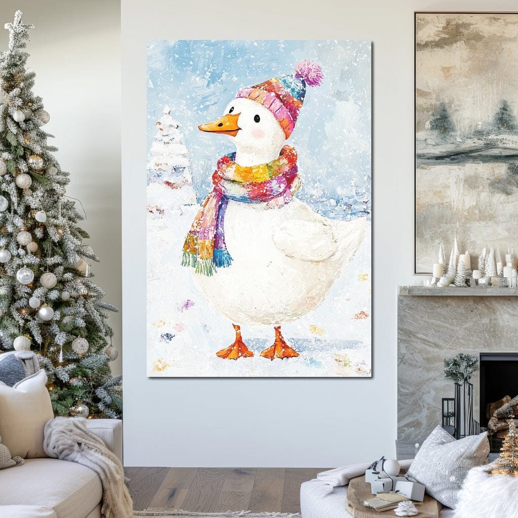 Tablou Canvas Premium LuxCanva® D1048, Rata Vesela in Straie de Iarna , Rata, Iarna, Fular, Zambet, Caciula, Living Room, Culori vibrante