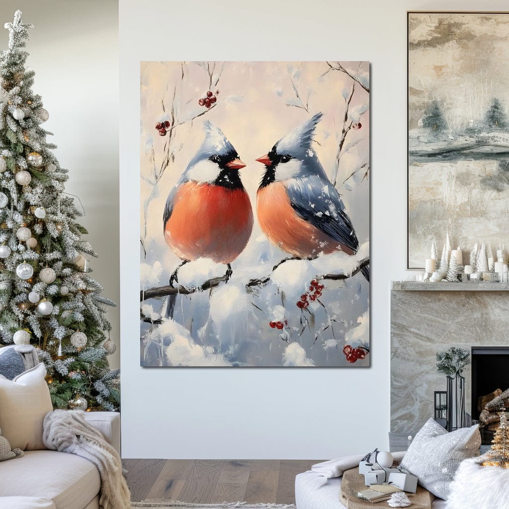 Tablou Canvas Premium, LuxCanva® D1109, Iubire Printre Fulgi, Cantec, Pereche, Iarna, Natura, Padure, Copac, Ramura, Cardinali, Cuplu, Iubire, Armonie, Pace, Zapada, Living, Dormitor