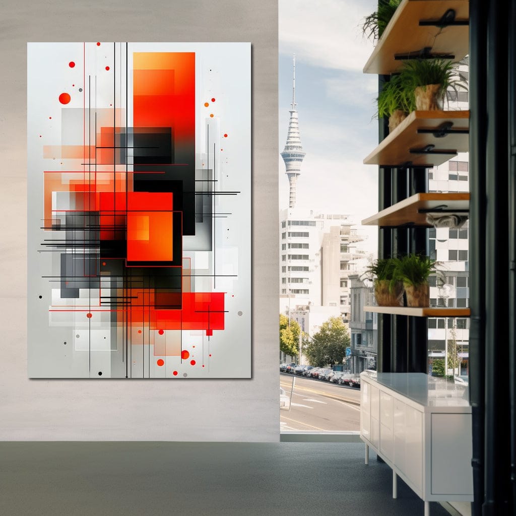 Tablou Canvas Premium, LuxCanva® J1003, Metropola In Rosu, Structuri, Forme, Grile, Linii, Armonie, Digital, Tehnic, Dinamism, Haotic, Industrial, Living, Dormitor