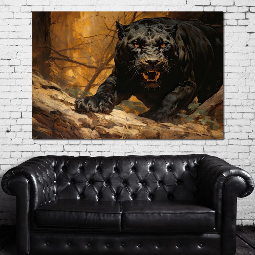 tablou canvas cu o pantera neagra in moment de vanatoare, pe fundal de padure in nuante calde