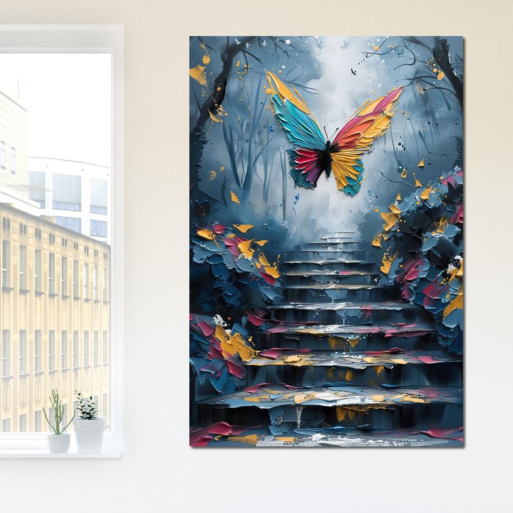 tablou canvas cu un fluture multicolor in zbor deasupra unor trepte, intr-o padure pictata in tonuri de albastru