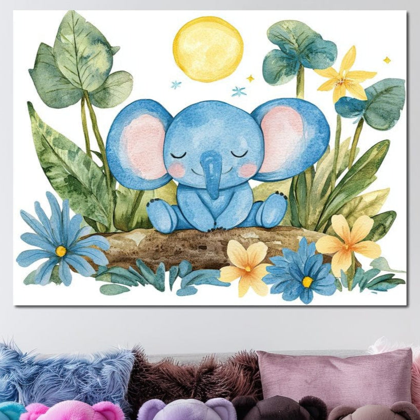 Tablou Canvas Premium, LuxCanva® K1024, Elefantelul Adormit, Somn, Vis, Pui, Gradina, Fermecata, Liniste, Soare, Bebelus, Cresa, Gradinita, Albastru, Safari, Jungla, Camera Copii