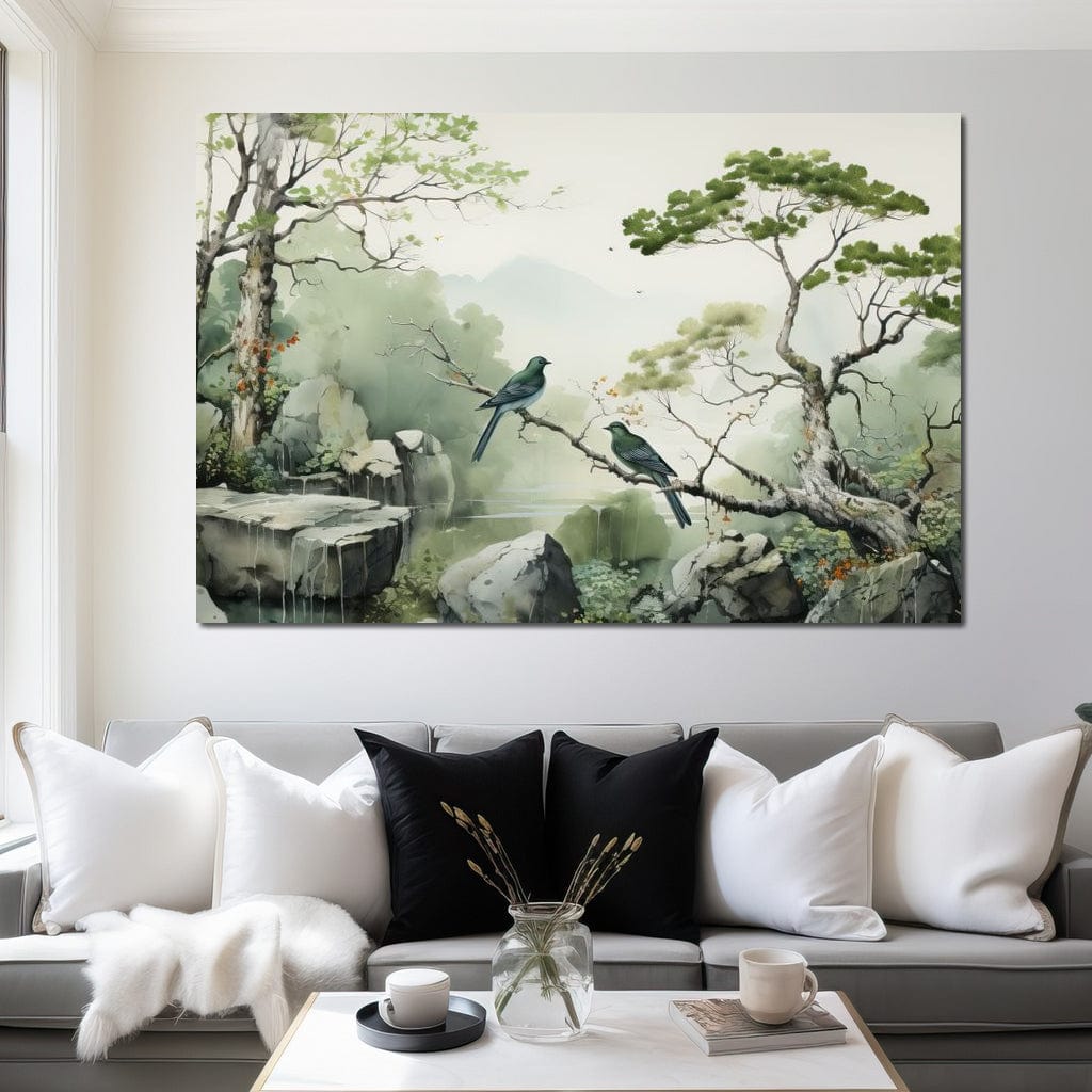 tablou canvas cu doua pasari pe creanga intr-un peisaj cu stanci si copaci, in tonuri verzi si gri