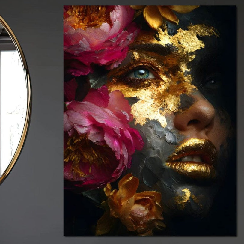 Tablou Canvas Premium, LuxCanva® G1221, Persefona de Aur, Auriu, Fucsia, Flori, Divinitate, Aurora, Zeita, Transformare, Putere, Feminina, Mister, Exotic, Enigma, Pasiune, Salon, Birou, Living, Dormitor