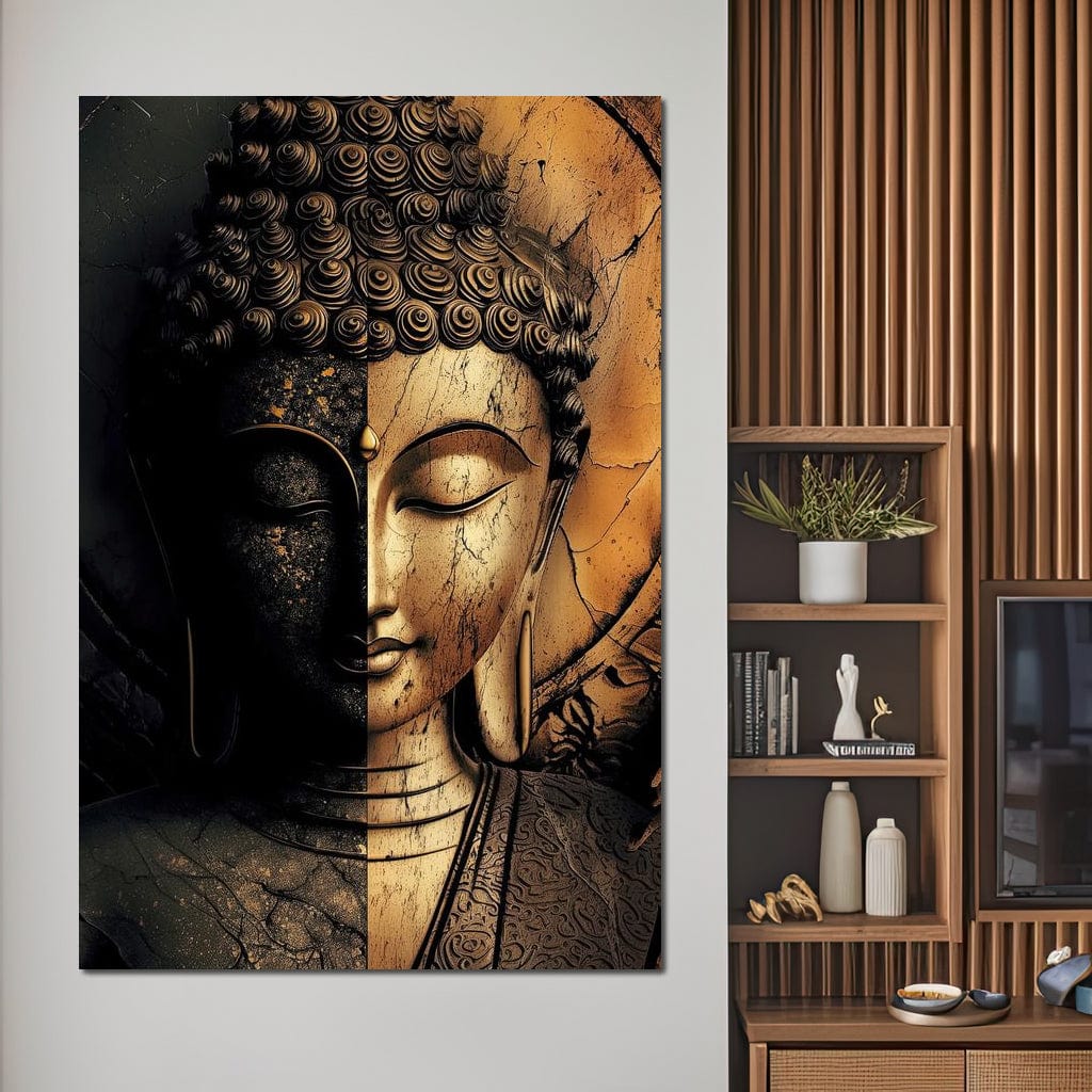 Tablou Canvas Premium, LuxCanva® I143, Lumini si Umbre, Buddha, Zen, Dualitate, Iluminare, Echilibru, Timp, Energie, Meditatie, Liniste, Gold, Marmura, Living, Dormitor