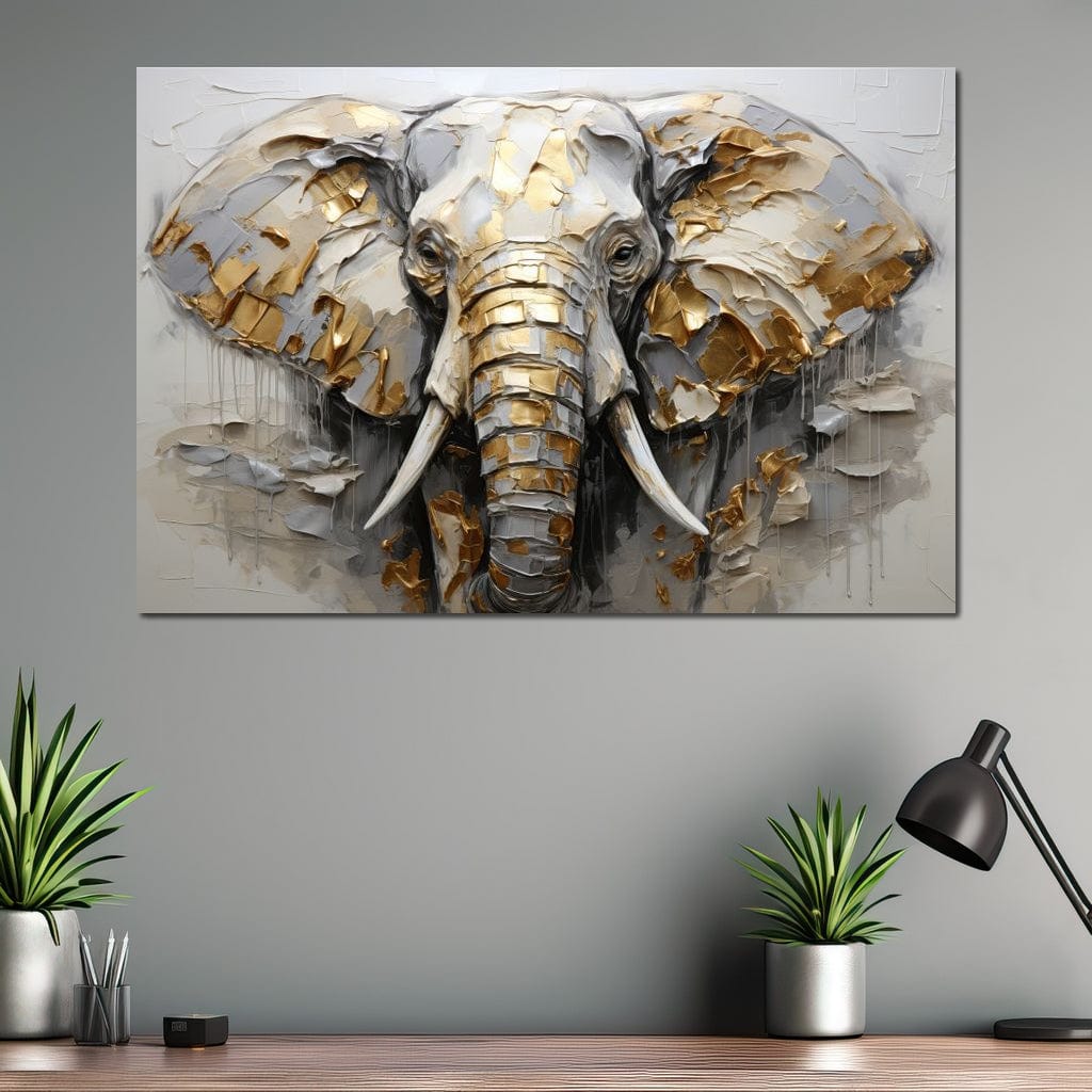 tablou canvas cu un elefant redat in stil abstract si texturat, in nuante de argintiu cu accente aurii