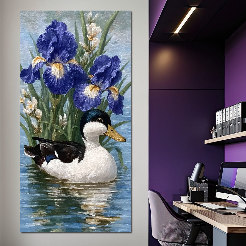 tablou canvas cu o ratusca in alb si negur plutind pe lac, inconjurata de irisi mov si frunze verzi