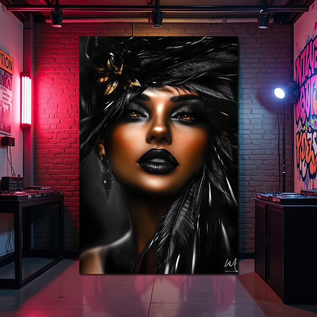 Tablou Canvas Premium, LuxCanva® G1183, Diamantul Negru, Lux, Intunecat, Pene, Negru, Machiaj, Dramatic, Buze, Aur, Arta, Rafinament, Atmosfera, Cinematic, Birou, Living, Dormitor