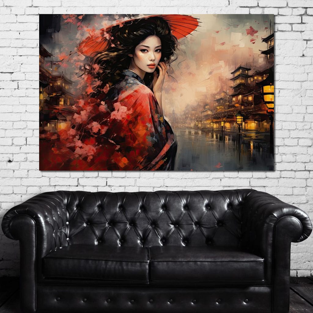 Tablou Canvas Premium, LuxCanva® G1116, Eleganta Japoneza, Gheisa, Vant, Ciresi, Nipona, Umbrela, Rosie, Kyoto, Asiatica, Living, Dormitor