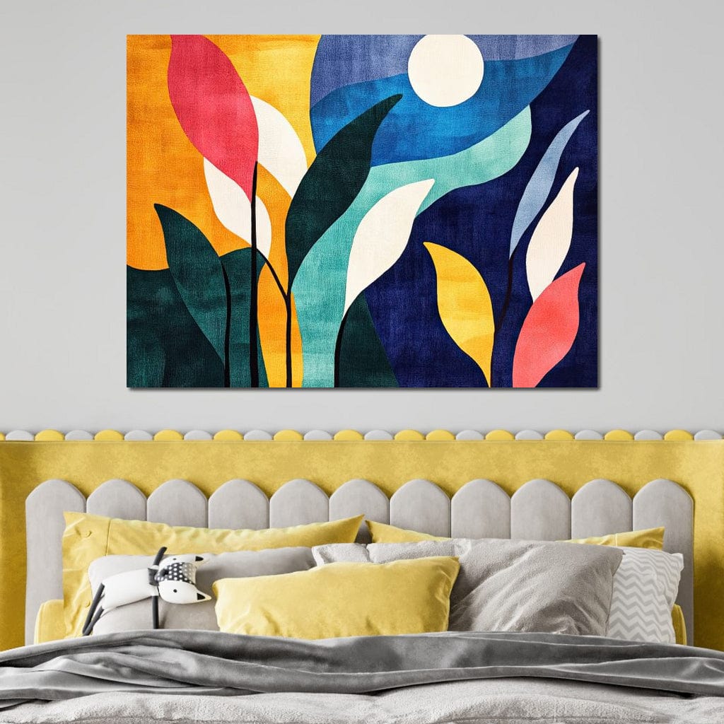 Tablou Canvas Premium, LuxCanva® J1009, Sub Lumina Lunii, Noapte, Tropicala, Gradina, Culori, Albastru, Ecosistem, Cromatic, Peisaj, Luna, Soare, Living, Dormitor