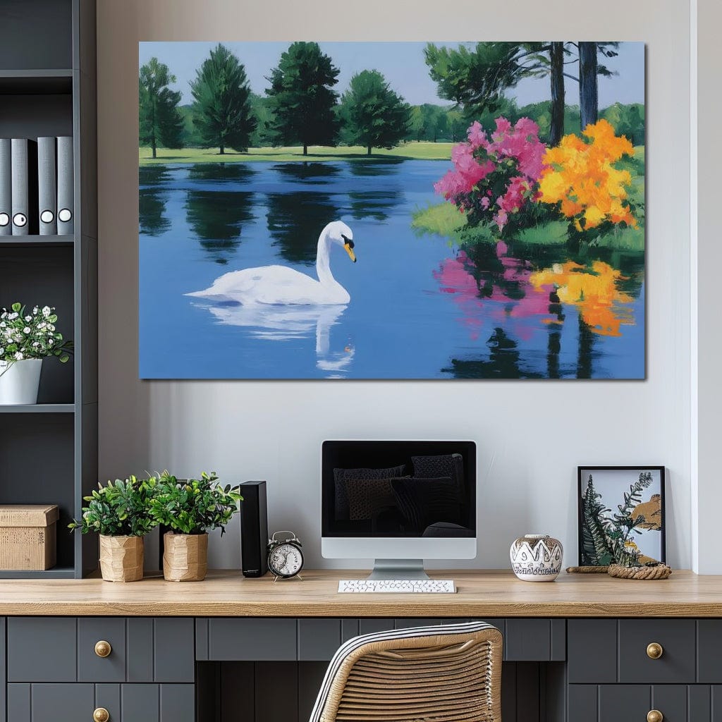 tablou canvas cu o lebada pe un lac albastru, intr-un peisaj cu copaci si flori viu colorate