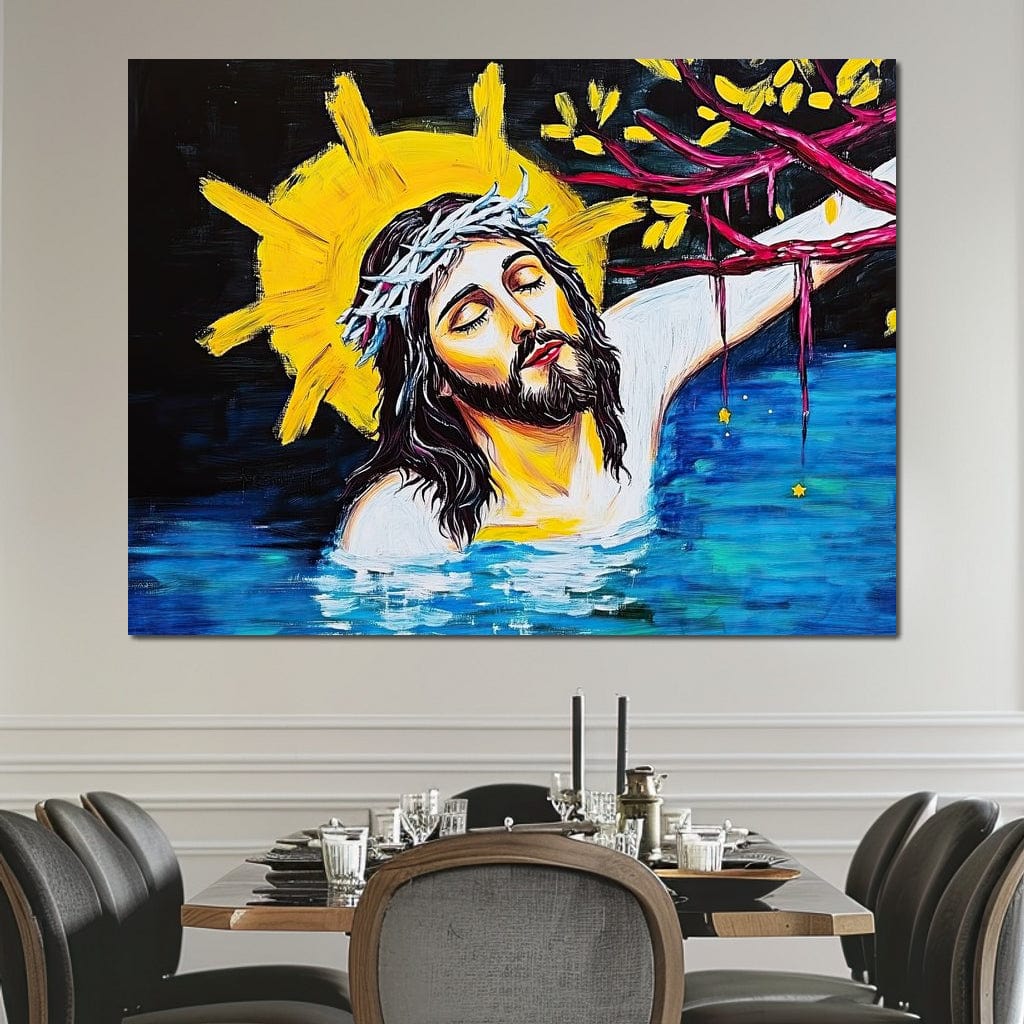 Tablou Canvas Premium LuxCanva® H1054, Jertfa si Lumina, Iisus, Sacrificiu, Iertare, Lumina, Sange, Apa, Ramuri, Coroana, Arta Religioasa Moderna, Living, Dormitor