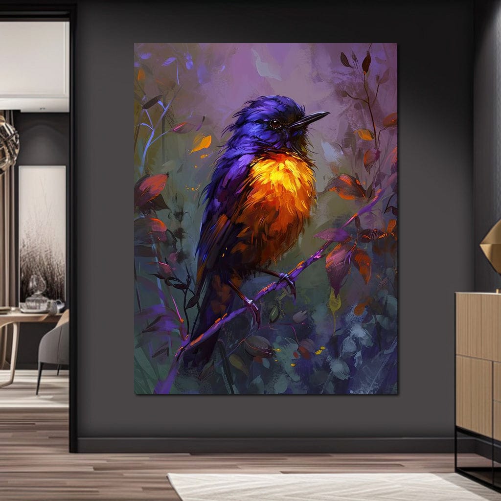 tablou canvas cu o pasare colorata in nuante vibrante, pe o ramura cu frunze multicolore