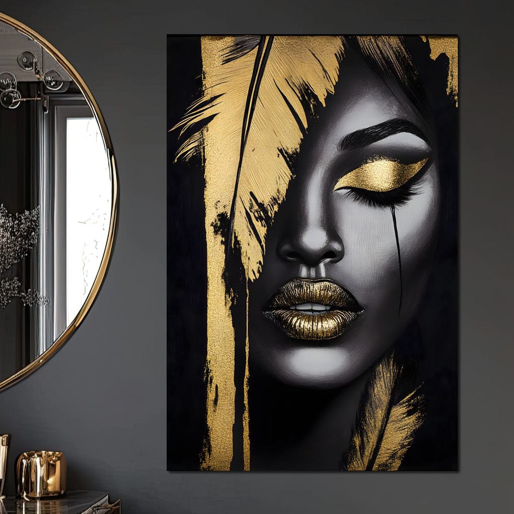 Tablou Canvas Premium, LuxCanva® G1150, Lacrima Unei Zeite, Auriu, Tacere, Liniste, Inger, Pana, Noapte, Intuneric, Frumusete, Regina, Buze, Sarut, Salon, Birou, Living, Dormitor