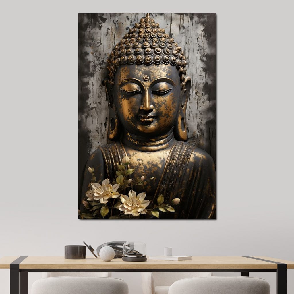 Tablou Canvas Premium LuxCanva® I128, Buddha si Floarea Sacra, Zen, Meditatie, Spiritualitate, Armonie, Pace Interioara, Echilibru, Lotus, Flori, Urna, Living, Dormitor