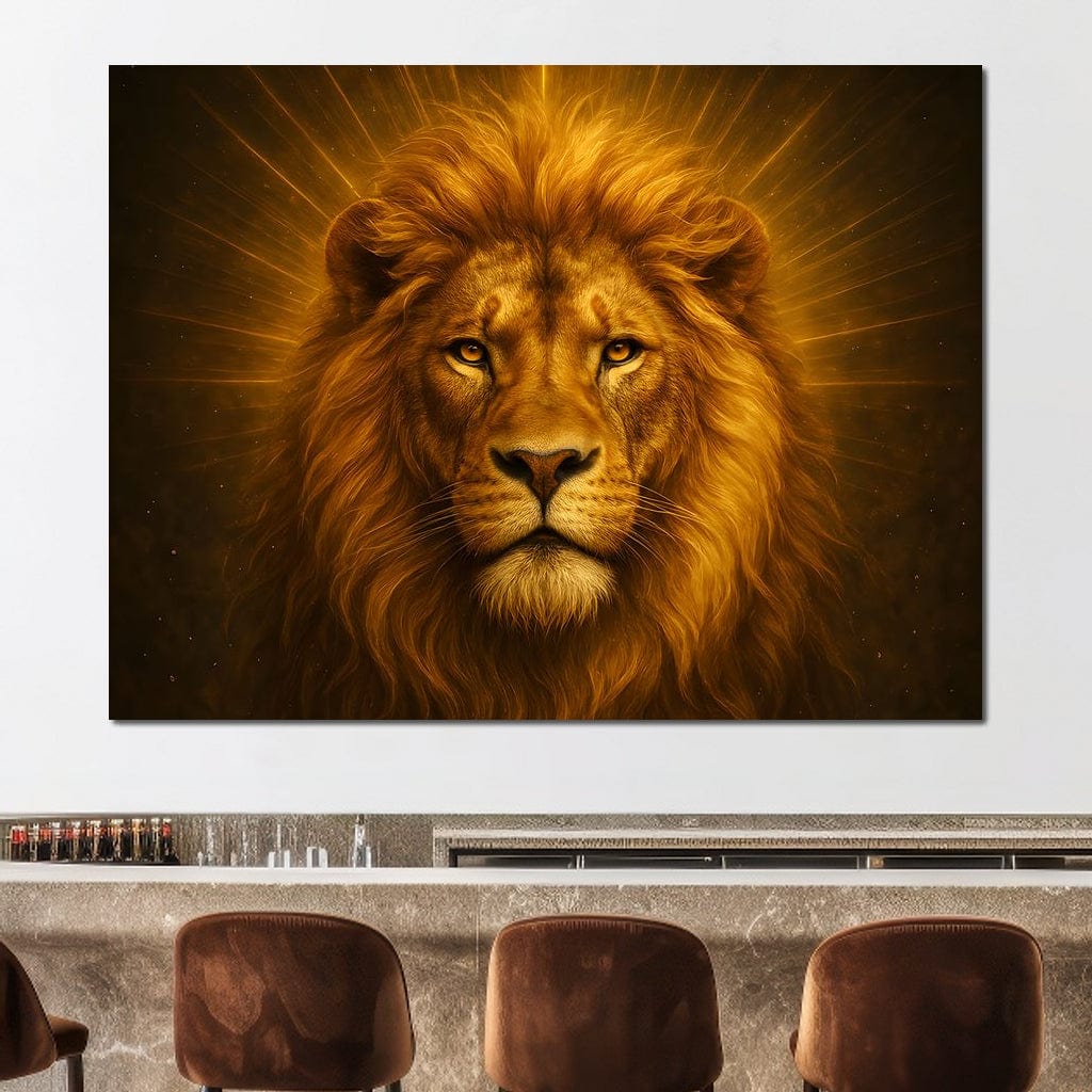 tablou canvas cu un leu surprins frontal in nuante calde, pe fundal luminos
