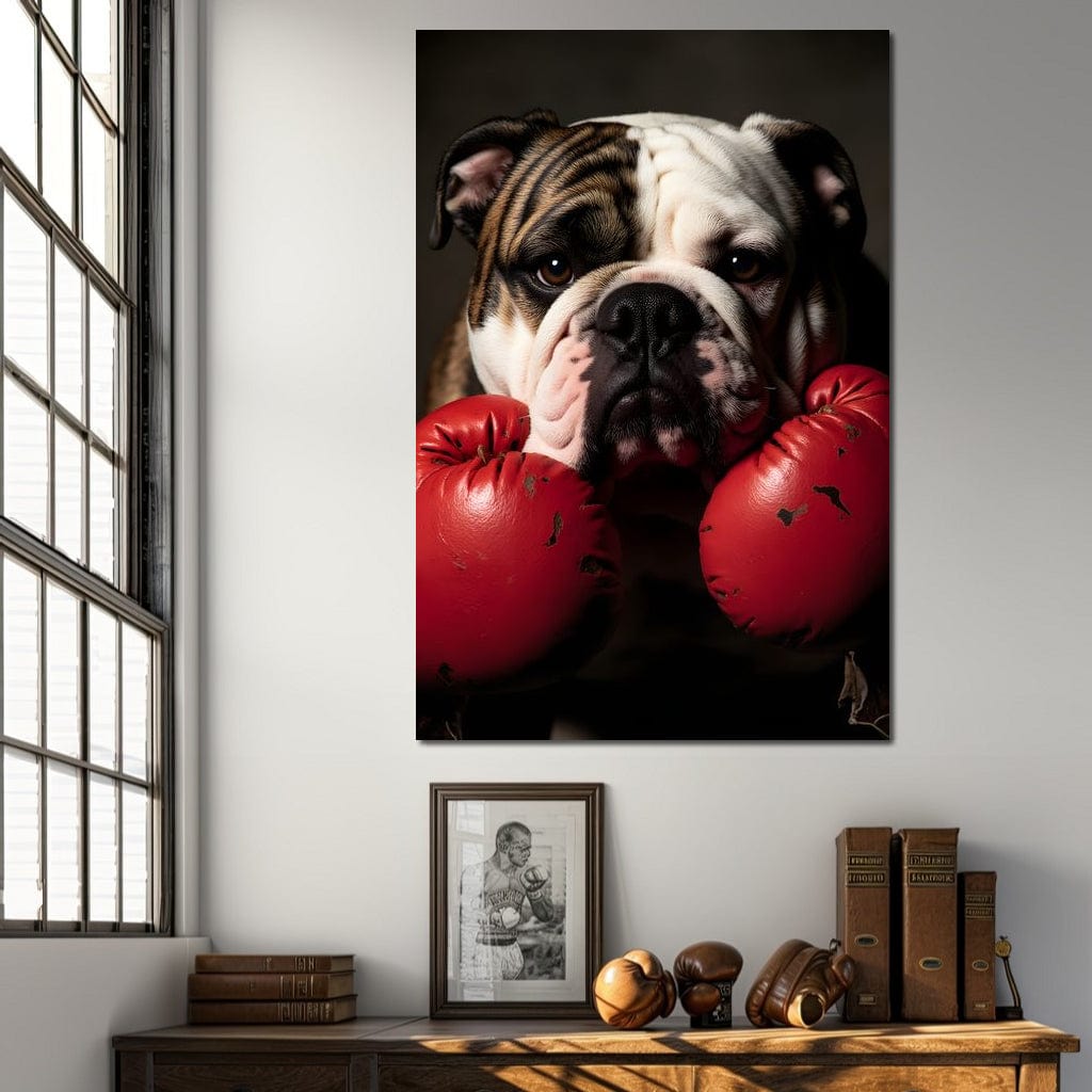 tablou canvas cu un bulldog cu manusi de box rosii, pe fundal inchis