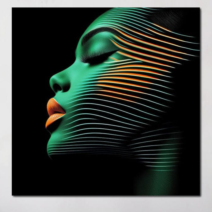 Tablou Canvas Premium, LuxCanva® G1159, Metamorfoza Verdelui, Modern, Expresiv, Portret, Verde, Negru, Futurist, Culori, Efecte, Vibrante, Optic, Raze, Profil, Femeie, Birou, Living, Dormitor