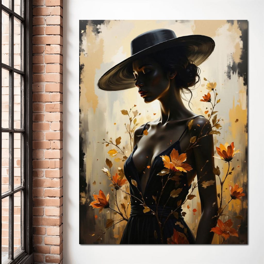 Tablou Canvas Premium, LuxCanva® G1170, Silueta de Rugina, Lady, Palarie, Rochie, Negru, Flori, Toamna, Dramatic, Silueta, Petale, Auriu, Romantism, Baroc, Boem, Poetic, Birou, Living, Dormitor