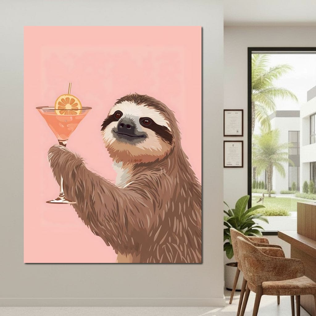 tablou canvas cu un lenes cu un pahar de cocktail, pe fundal roz pastelat