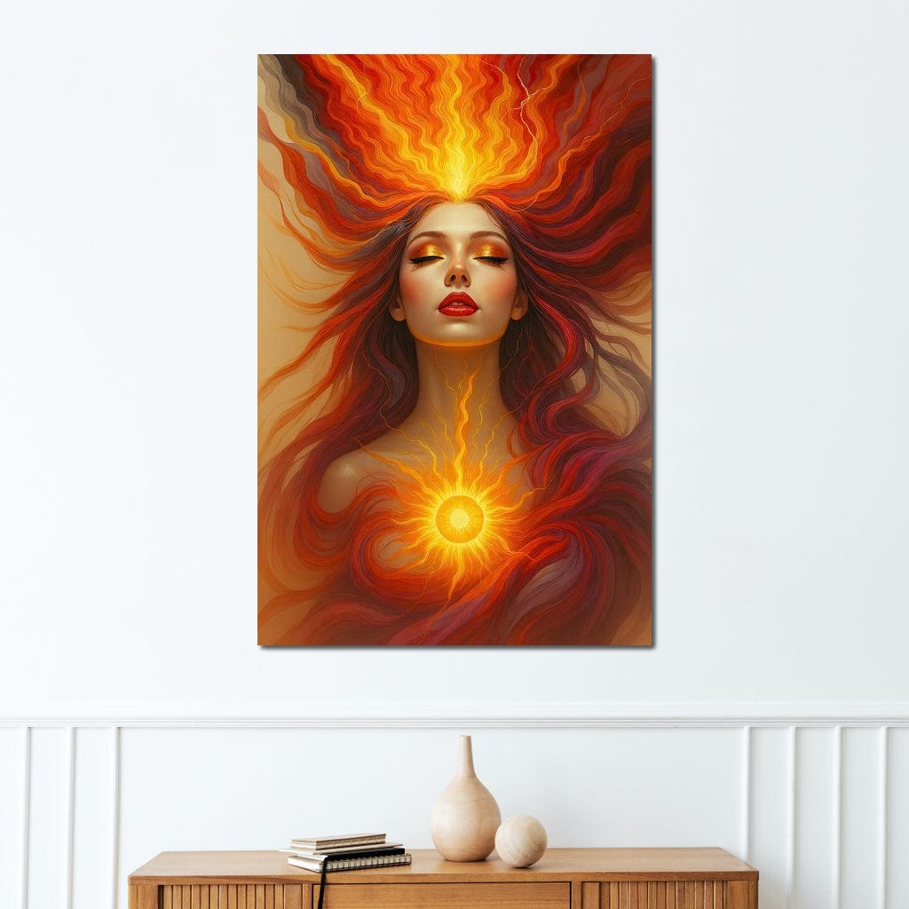 Tablou Canvas Premium, LuxCanva® G1158, Zeita Focului, Flacari, Soare, Chakre, Rosu, Auriu, Energie, Solara, Raze, Puritate, Simbolism, Mistic, Aura, Meditatie, Zen, Birou, Living, Dormitor