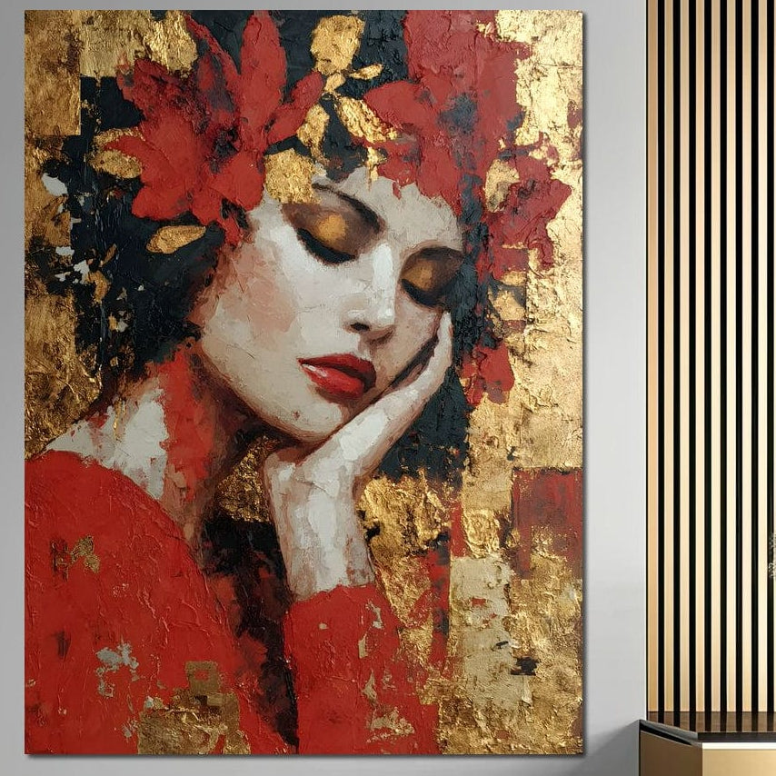 Tablou Canvas Premium, LuxCanva® G1227, Rasuflarea Luminii, Visare, Aur, Rosu, Tacere, Toamna, Catifea, Ganduri, Melancolie, Flori, Portret, Rafinament, Mister, Pasiune, Salon, Living, Dormitor