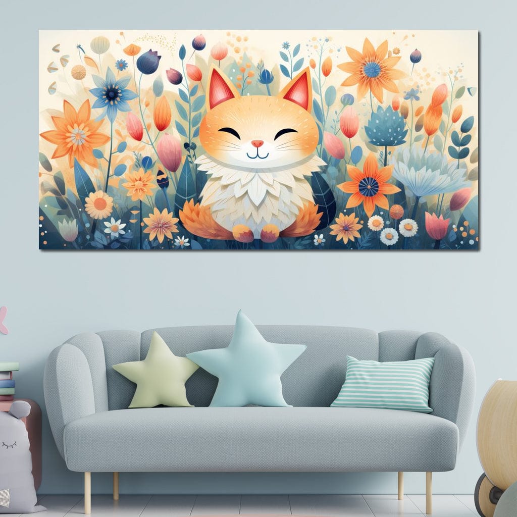 Tablou Canvas Premium, LuxCanva® K1010, Pisicuta Zen,  Gradina, Fermecata, Zambet, Flori, Felina, Fericire, Vise, Taram, Calm, Pisicuta, Blandete, Copilarie, Camera Copii