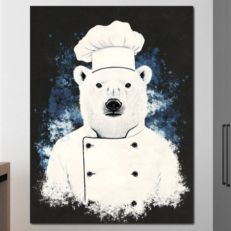 tablou canvas cu un urs polar imbracat in bucatar pe fundal artistic albastru